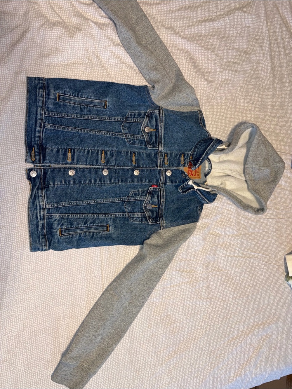 Levi's Blue Denim Jacket with Gray Hoodie Sleeves
